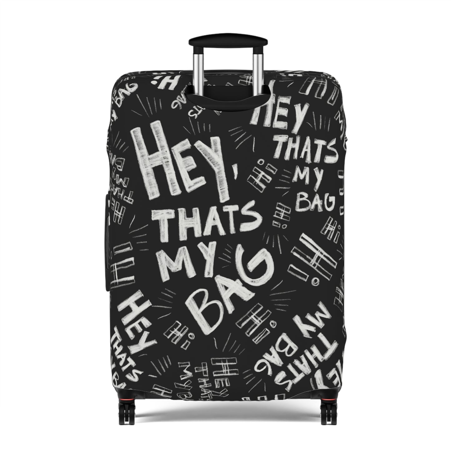 Black suitcase luggage cover with white text pattern on a white background, hey that's my bag