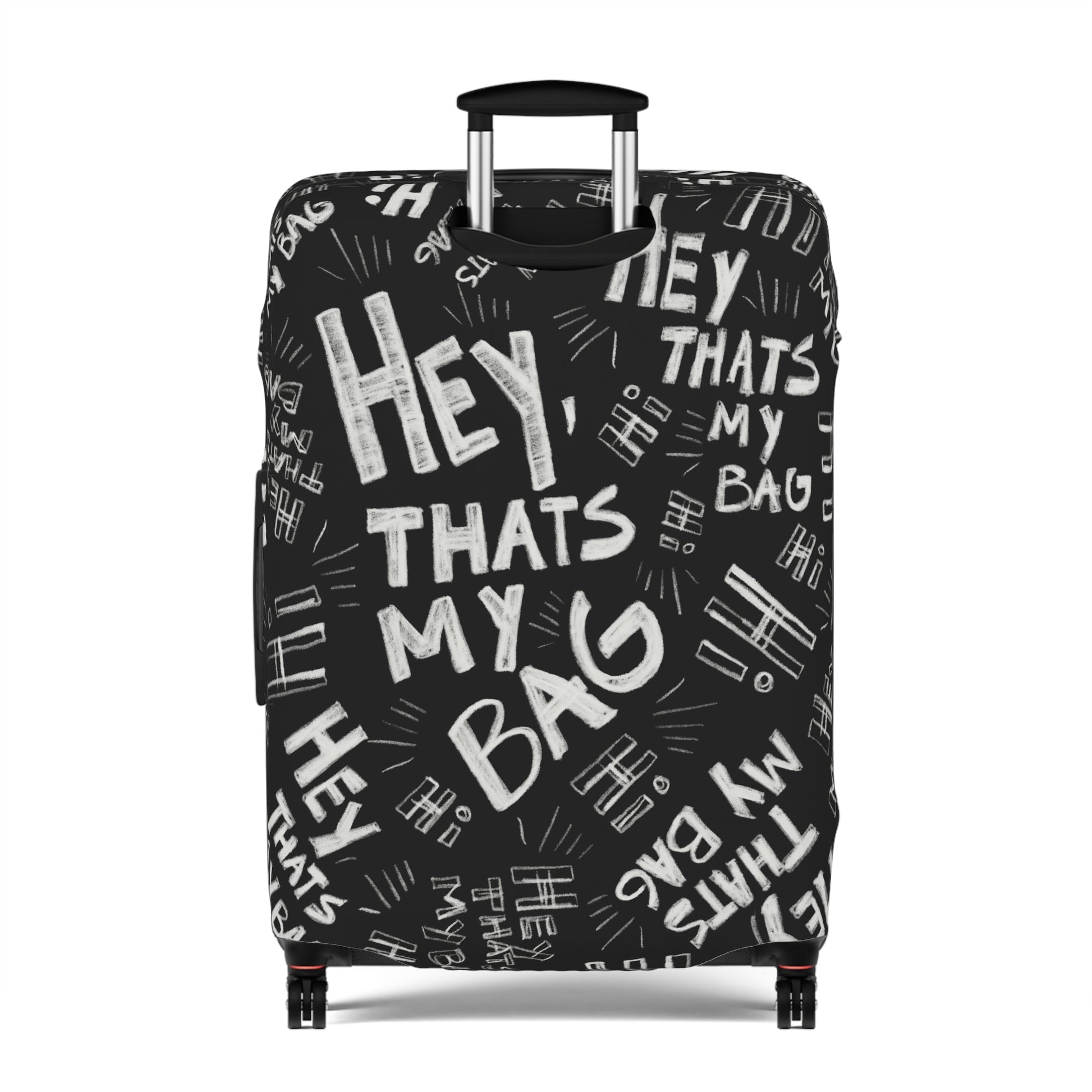 Black suitcase luggage cover with white text pattern on a white background, hey that's my bag
