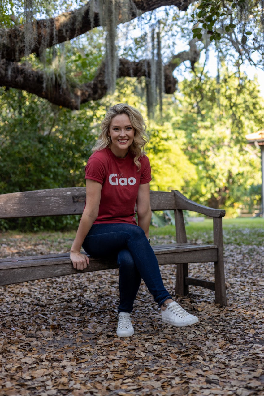 Jen Halvorson models the Hi Ciao Italian Greet Tee by Happy interactions in Red in Coconut Grove