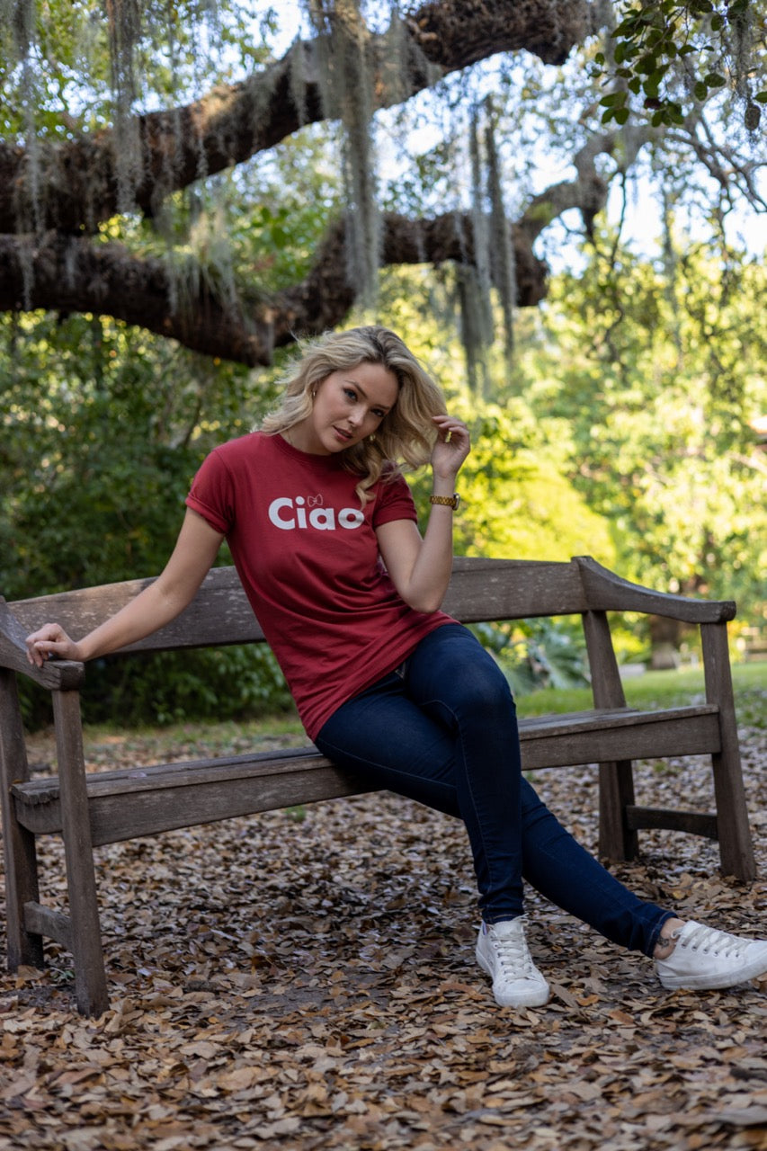 Jen Halvorson models the Hi Ciao Italian Greet Tee by Happy interactions in Red in Coconut Grove