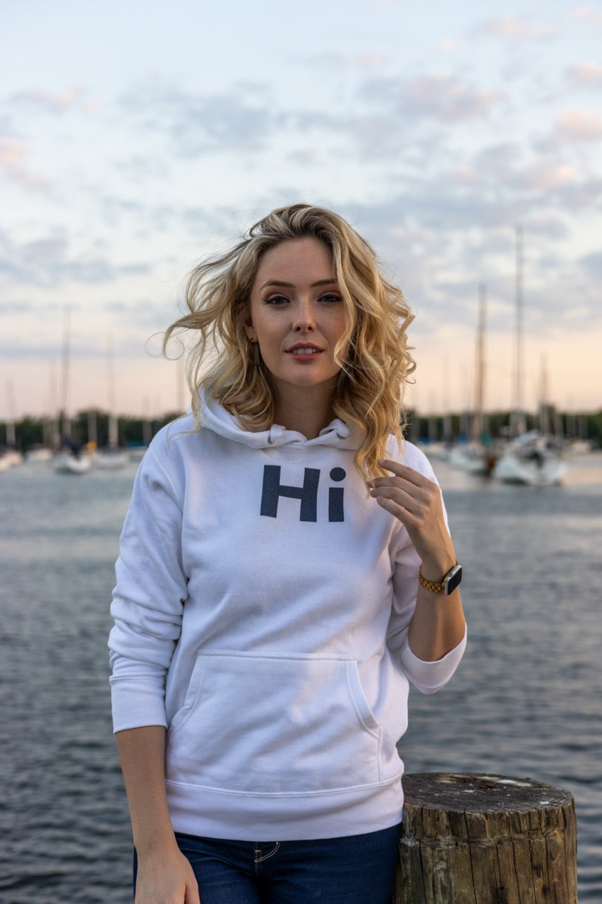 Jen Halvorson models the Hi Hoodie in White by Happy interactions