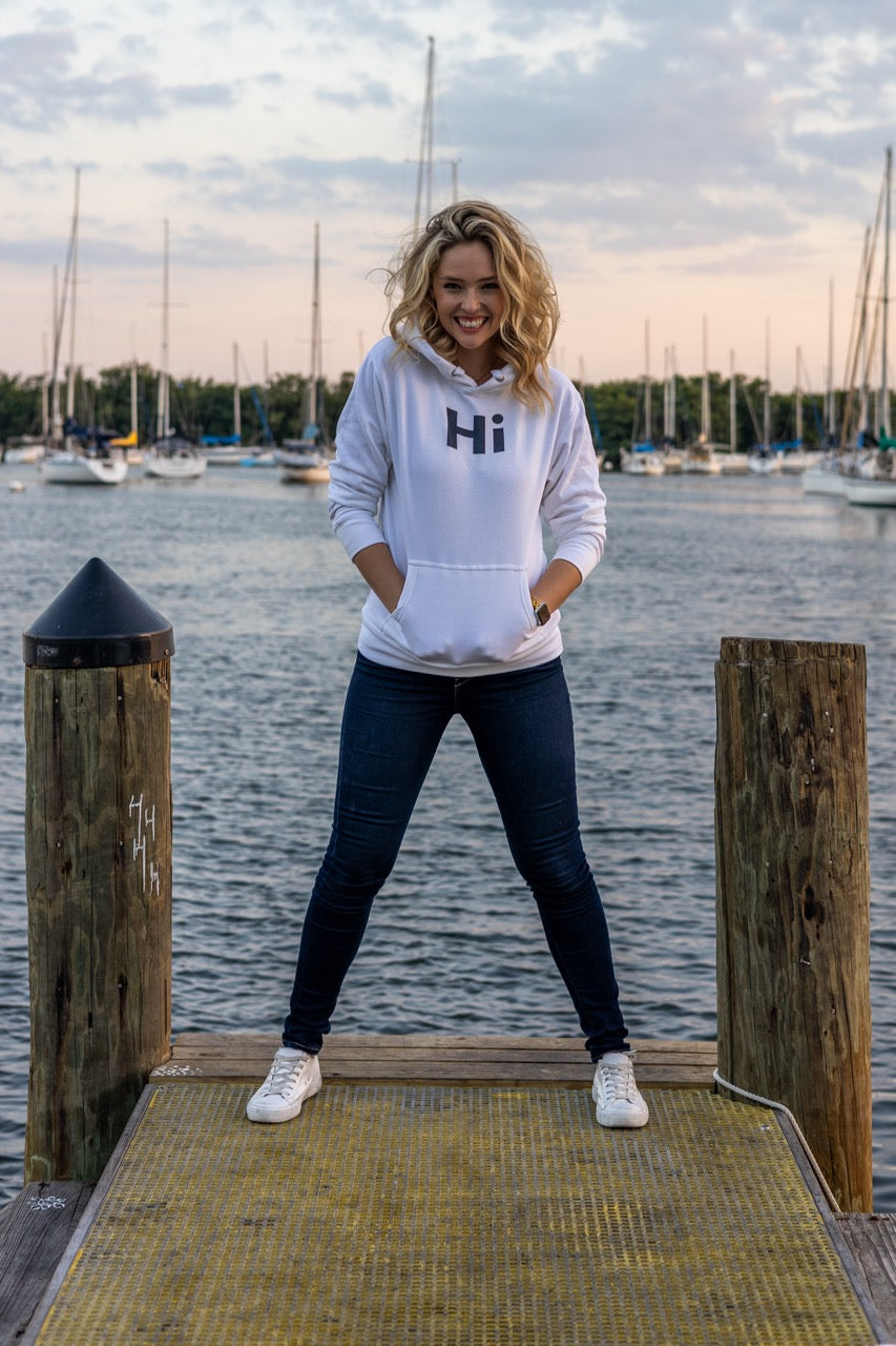 Jen Halvorson models the Hi Hoodie in White by Happy interactions