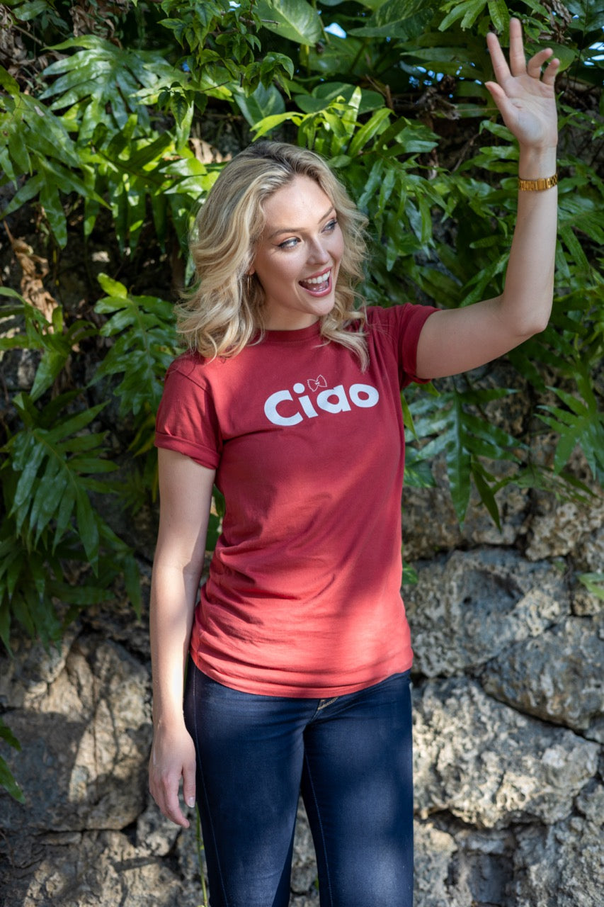 Jen Halvorson models the Hi Ciao Italian Greet Tee by Happy interactions in Red in Coconut Grove