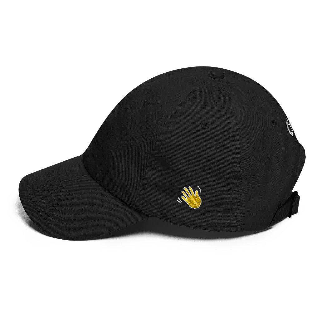 Hi Ciao hat in black left side with Hi waving hand emoji