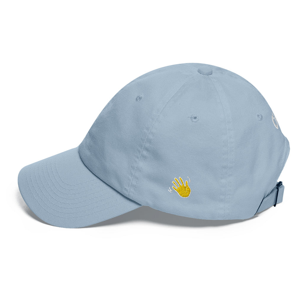 Hi Ciao hat in light blue left side with Hi waving hand emoji