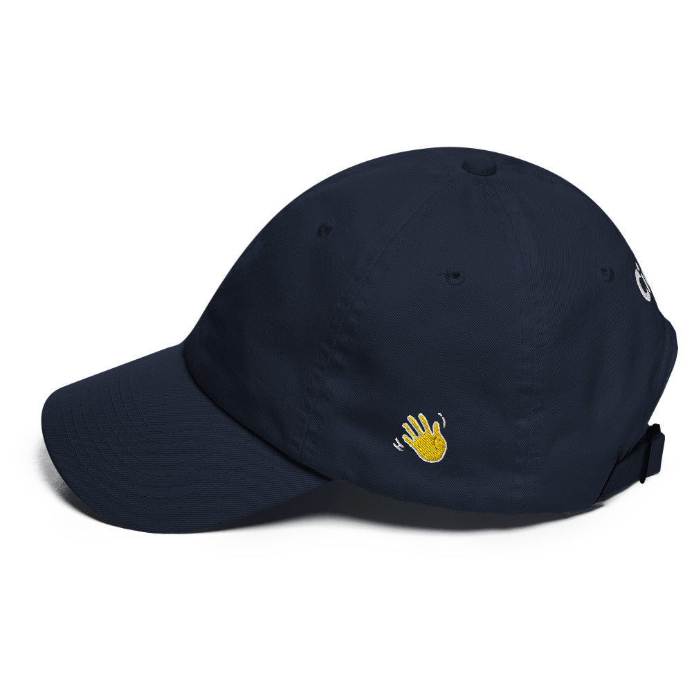 Hi Ciao hat in navy left side with Hi waving hand emoji