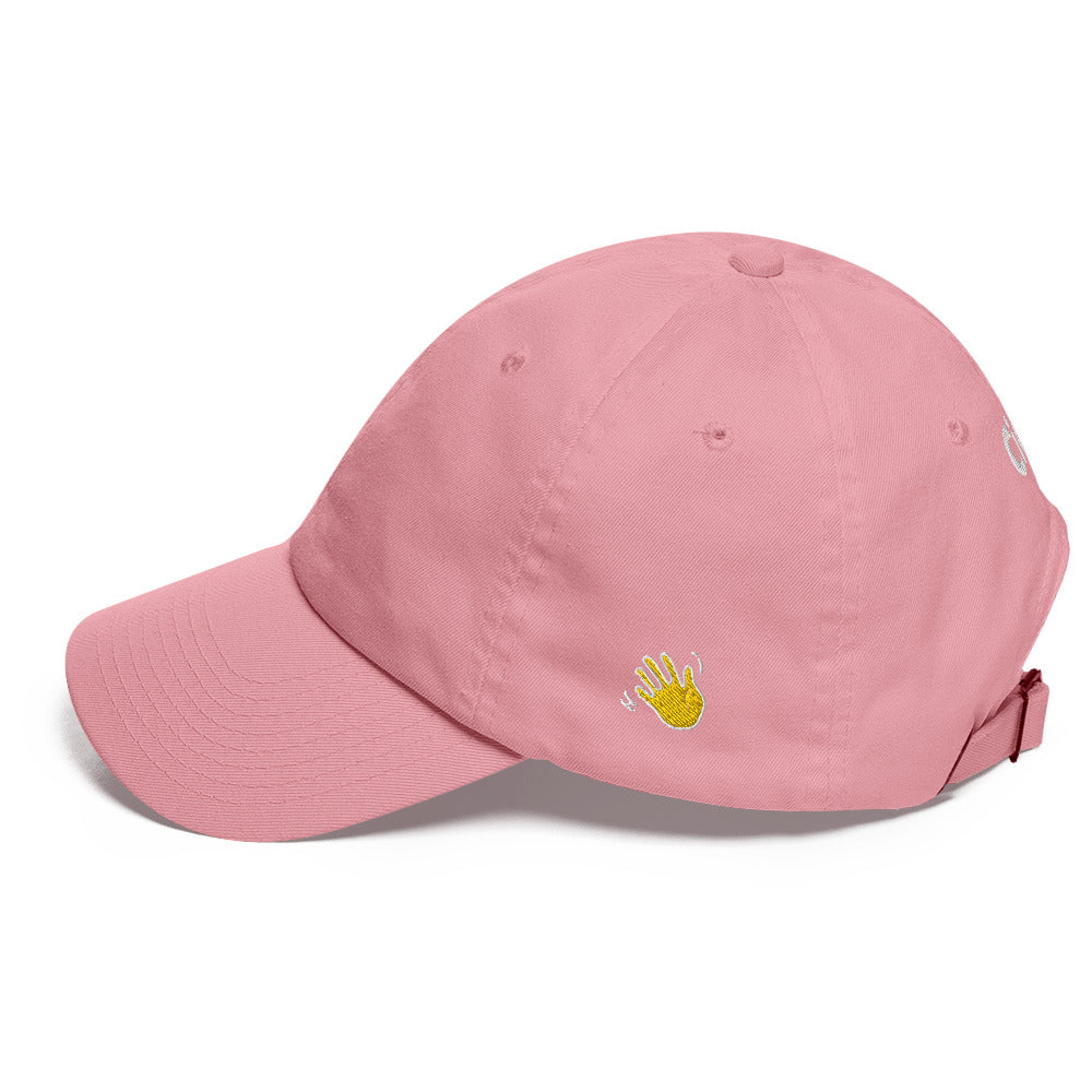 Hi Ciao hat in pink left side with Hi waving hand emoji
