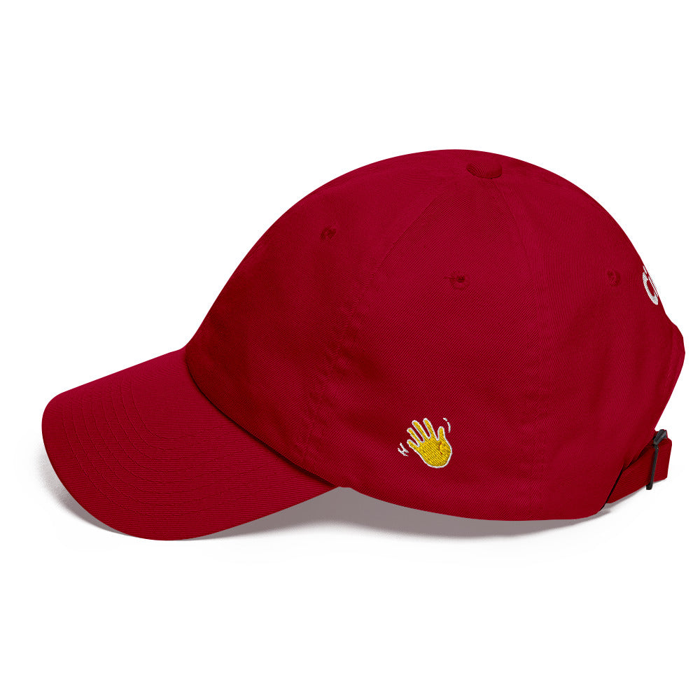 Hi Ciao hat in red left side with Hi waving hand emoji