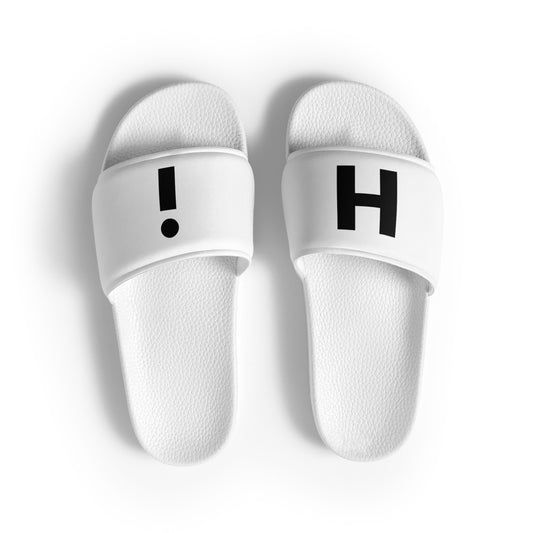 Hi H and i Flip Flop Slide Men's Sandals for Happy interactions, Hi on right flop, i on the left flop, slides that say Hi by Johnny Michael at HiJohnny.com