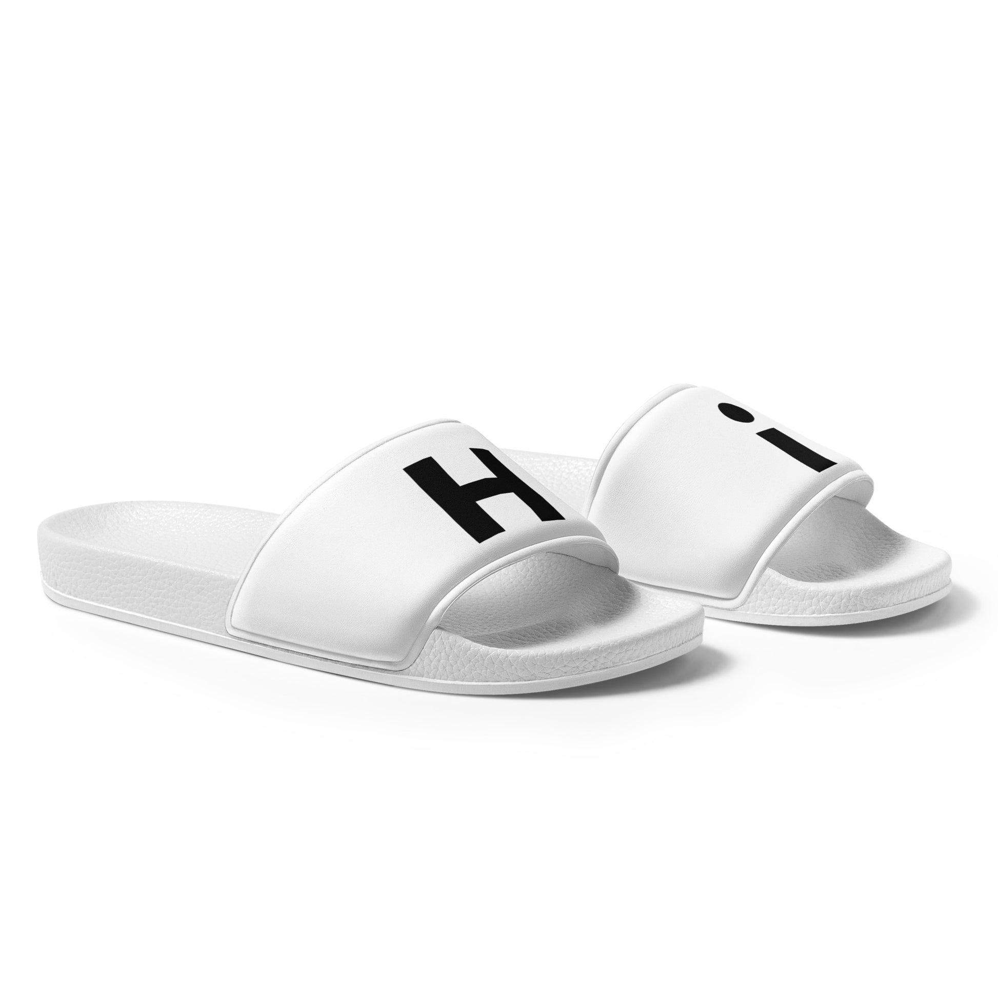 Hi H and i Flip Flop Slide Womens Sandals for Happy interactions, Hi on right flop, i on the left flop, slides that say Hi by Johnny Michael at HiJohnny.com