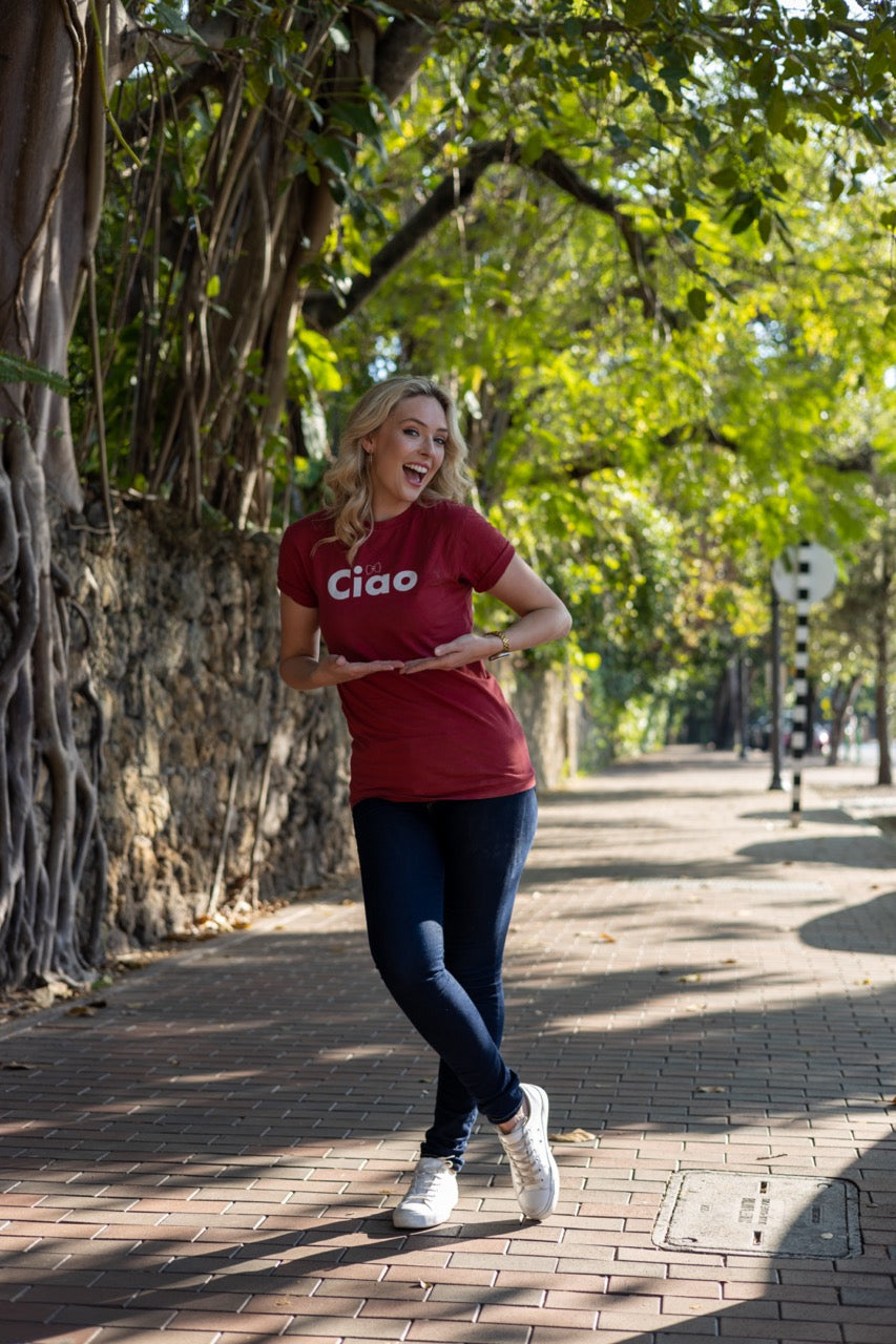 Jen Halvorson models the Hi Ciao Italian Greet Tee by Happy interactions in Red in Coconut Grove