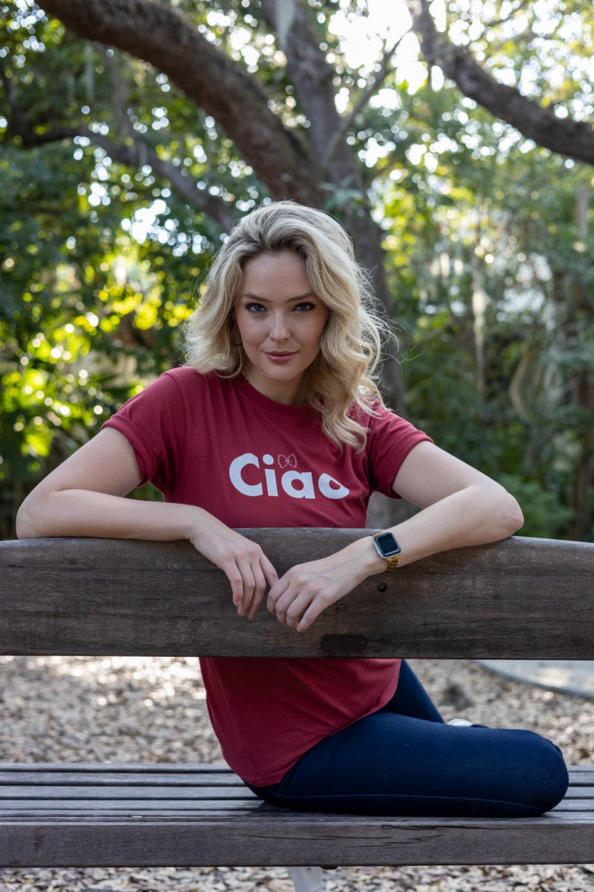 Jen Halvorson models the Hi Ciao Italian Greet Tee by Happy interactions in Red in Coconut Grove