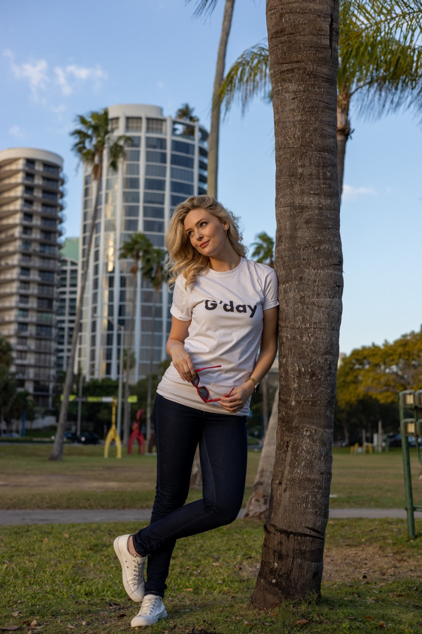 Hi G'day Australian Greeting in white modeled by Jen Halvorson at The Historic Barnacle in Coconut Grove, Miami, Florida