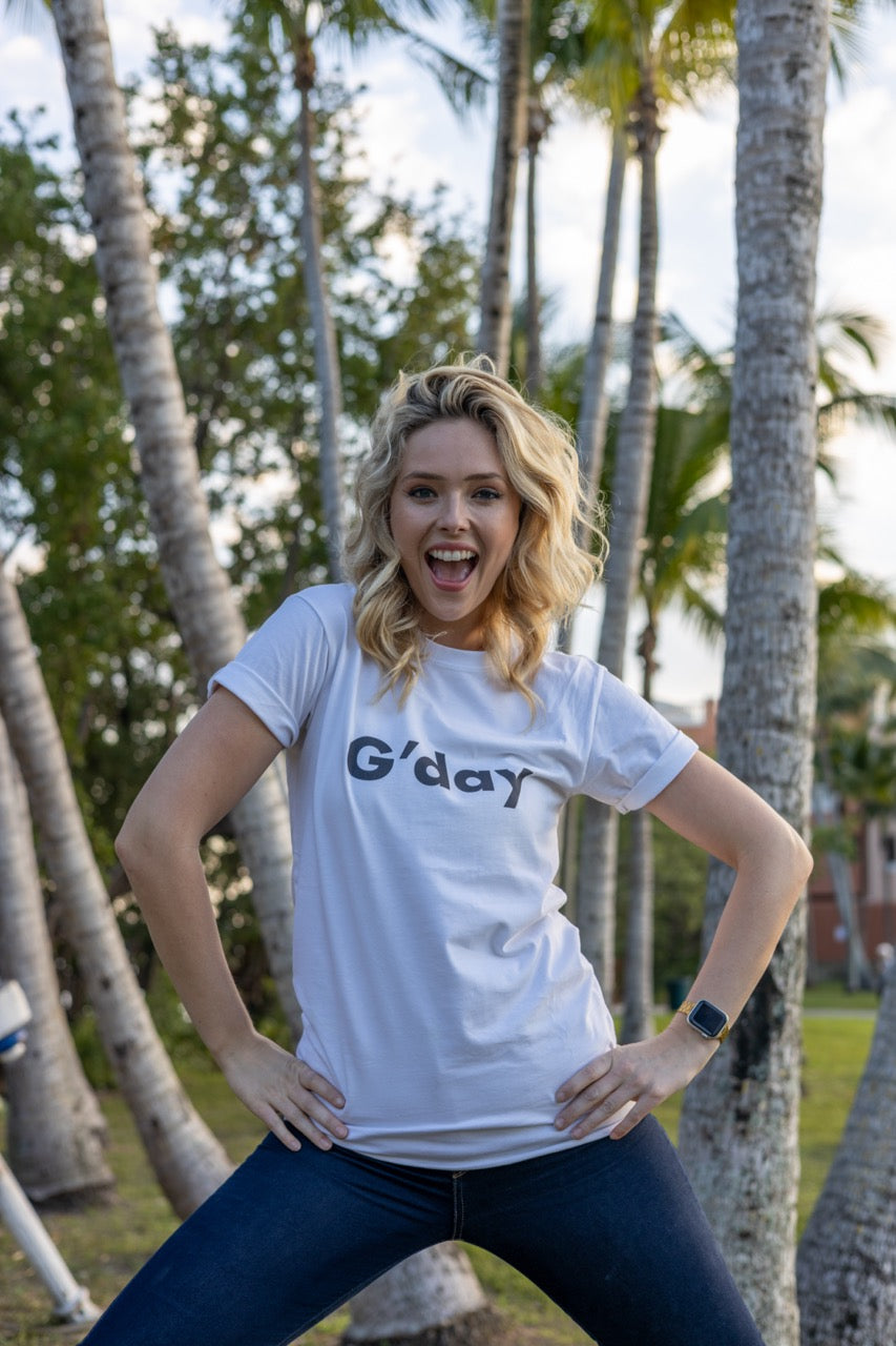 Hi G'day Australian Greeting in white modeled by Jen Halvorson at The Historic Barnacle in Coconut Grove, Miami, Florida