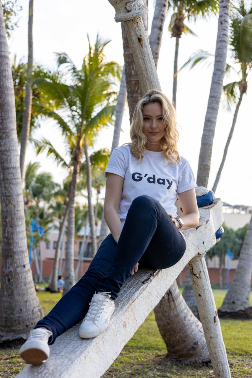 Hi G'day Australian Greeting in white modeled by Jen Halvorson at The Historic Barnacle in Coconut Grove, Miami, Florida