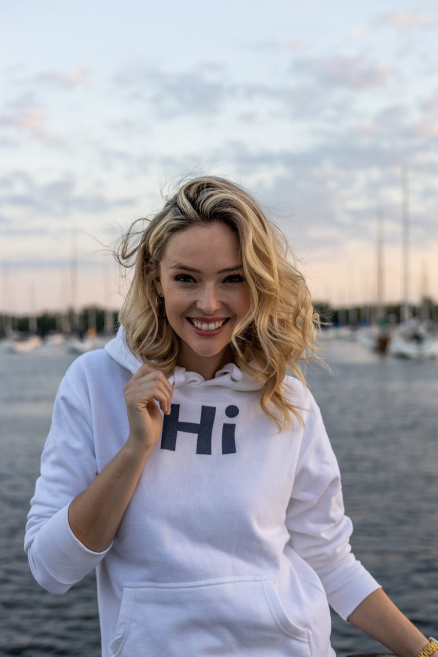 Jen Halvorson models the Hi Hoodie in White by Happy interactions