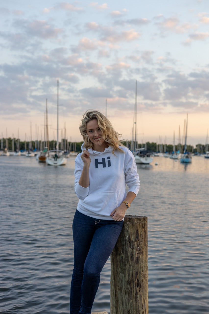 Jen Halvorson models the Hi Hoodie in White by Happy interactions