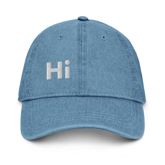 Hi Heyyyyy Denim Hat dark blue front, Hi on front, Heyyyyy on back, Hi waving hand emoji on back