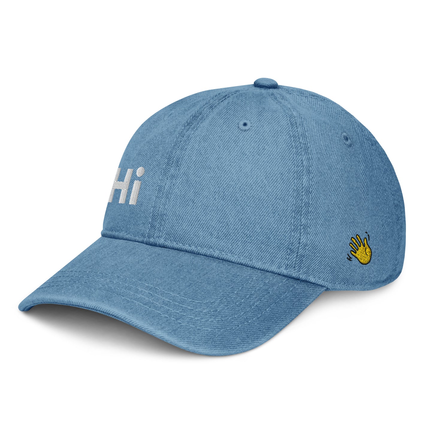 Hi Heyyyyy Denim Hat dark blue left front, Hi on front, Heyyyyy on back, Hi waving hand emoji on back