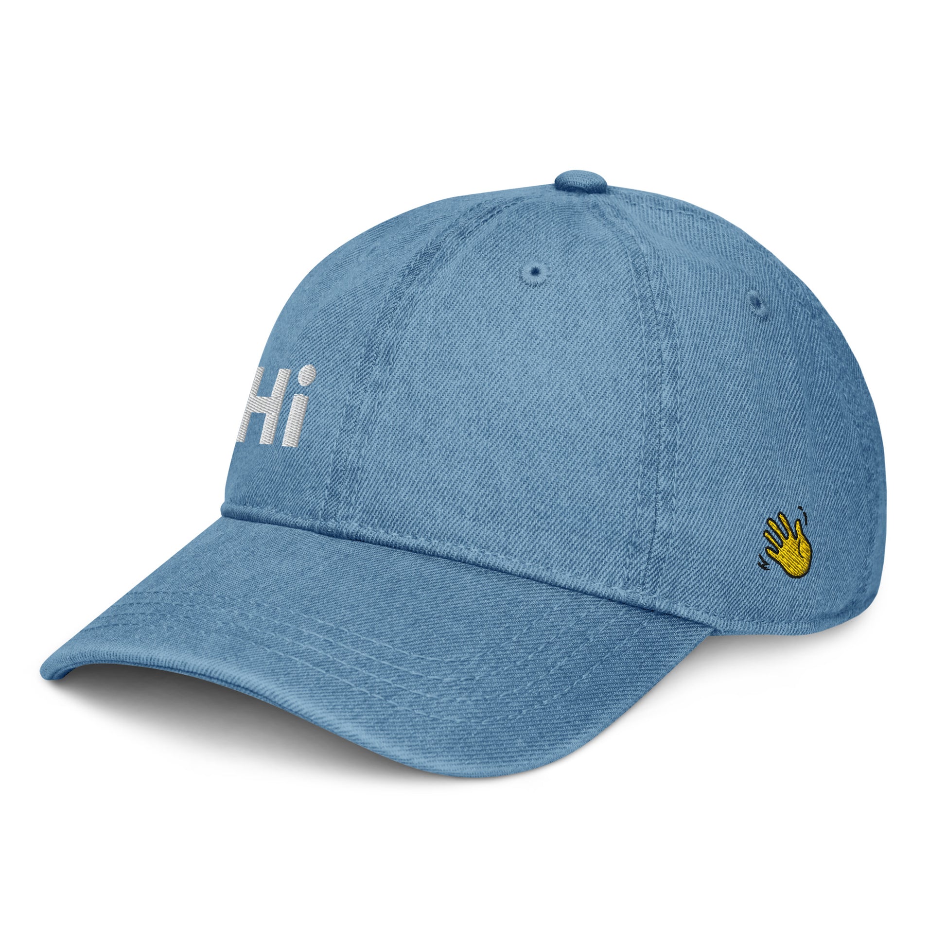 Hi Heyyyyy Denim Hat dark blue left front, Hi on front, Heyyyyy on back, Hi waving hand emoji on back