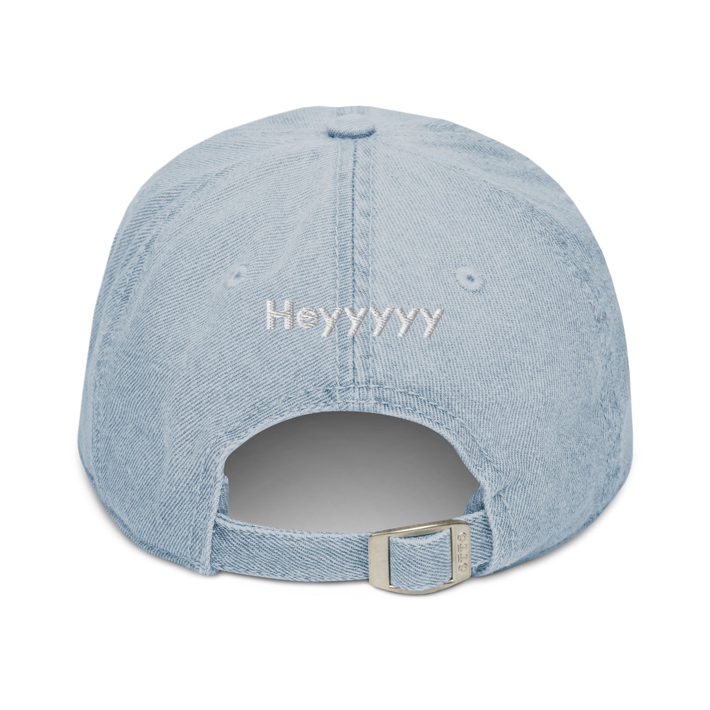 Hi Heyyyyy Denim Hat light blue back, Hi on front, Heyyyyy on back, Hi waving hand emoji on back