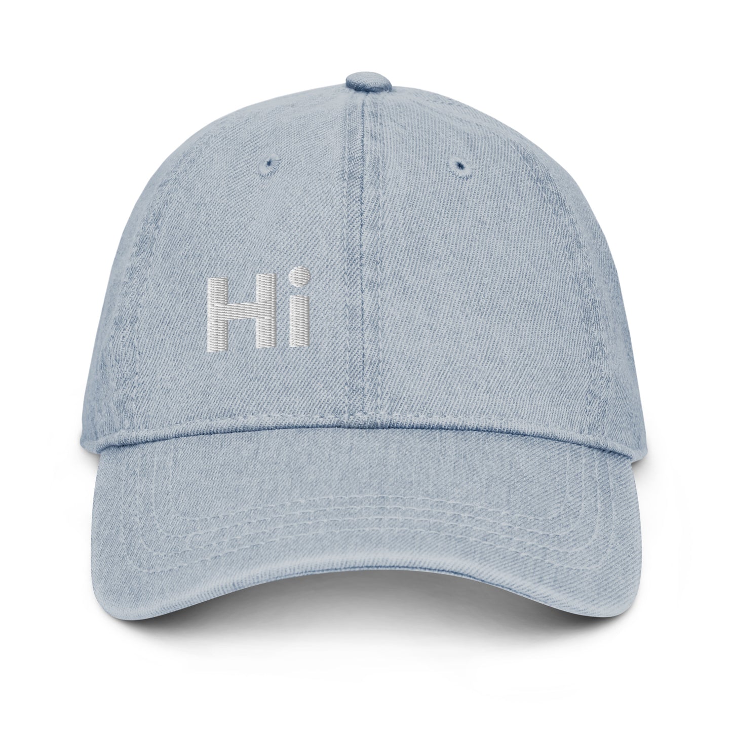 Hi Heyyyyy Denim Hat light blue front, Hi on front, Heyyyyy on back, Hi waving hand emoji on back