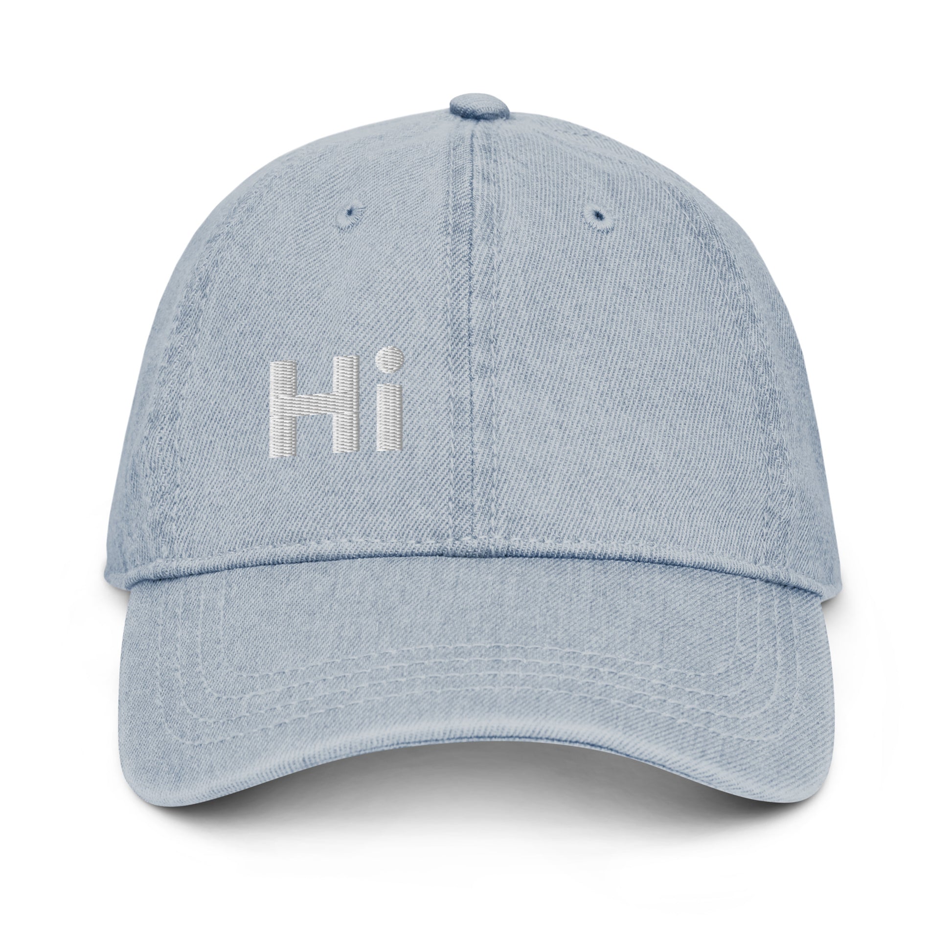 Hi Heyyyyy Denim Hat light blue front, Hi on front, Heyyyyy on back, Hi waving hand emoji on back