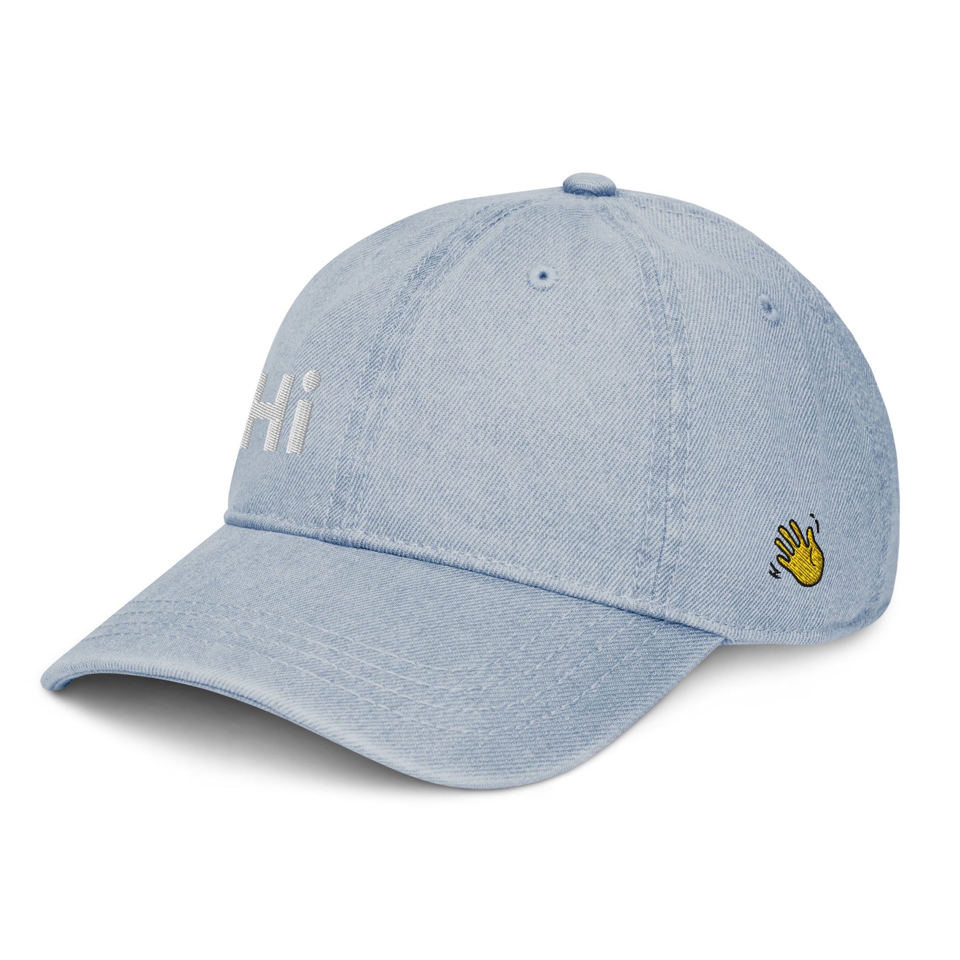 Hi Heyyyyy Denim Hat light blue left front, Hi on front, Heyyyyy on back, Hi waving hand emoji on back