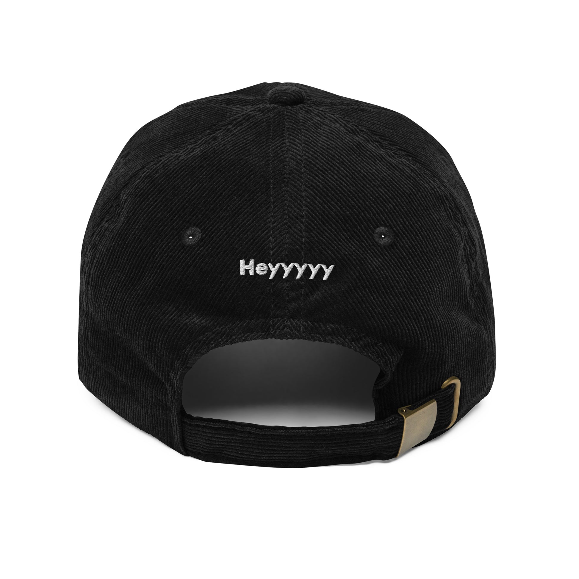 Hi Heyyyyy Vintage Corduroy Hat in black back, Hi on front, Heyyyyy on back, Hi waving hand emoji on back