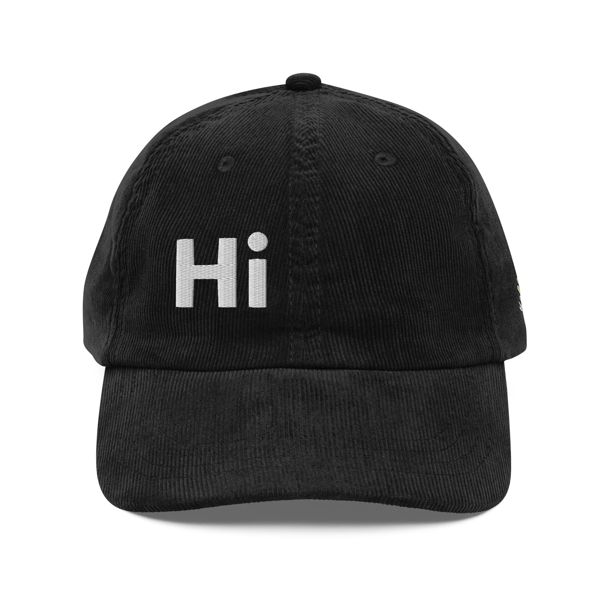 Hi Heyyyyy Vintage Corduroy Hat in black front, Hi on front, Heyyyyy on back, Hi waving hand emoji on back