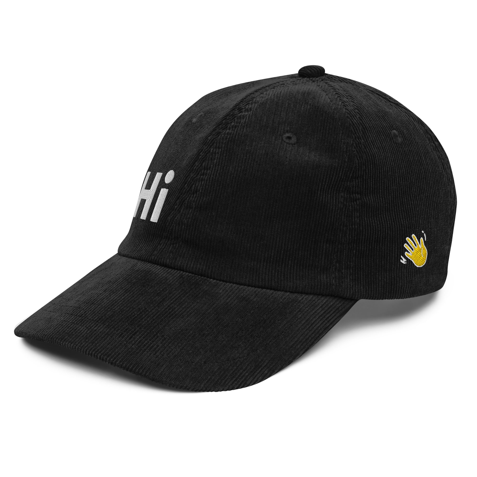 Hi Heyyyyy Vintage Corduroy Hat in black left front, Hi on front, Heyyyyy on back, Hi waving hand emoji on back