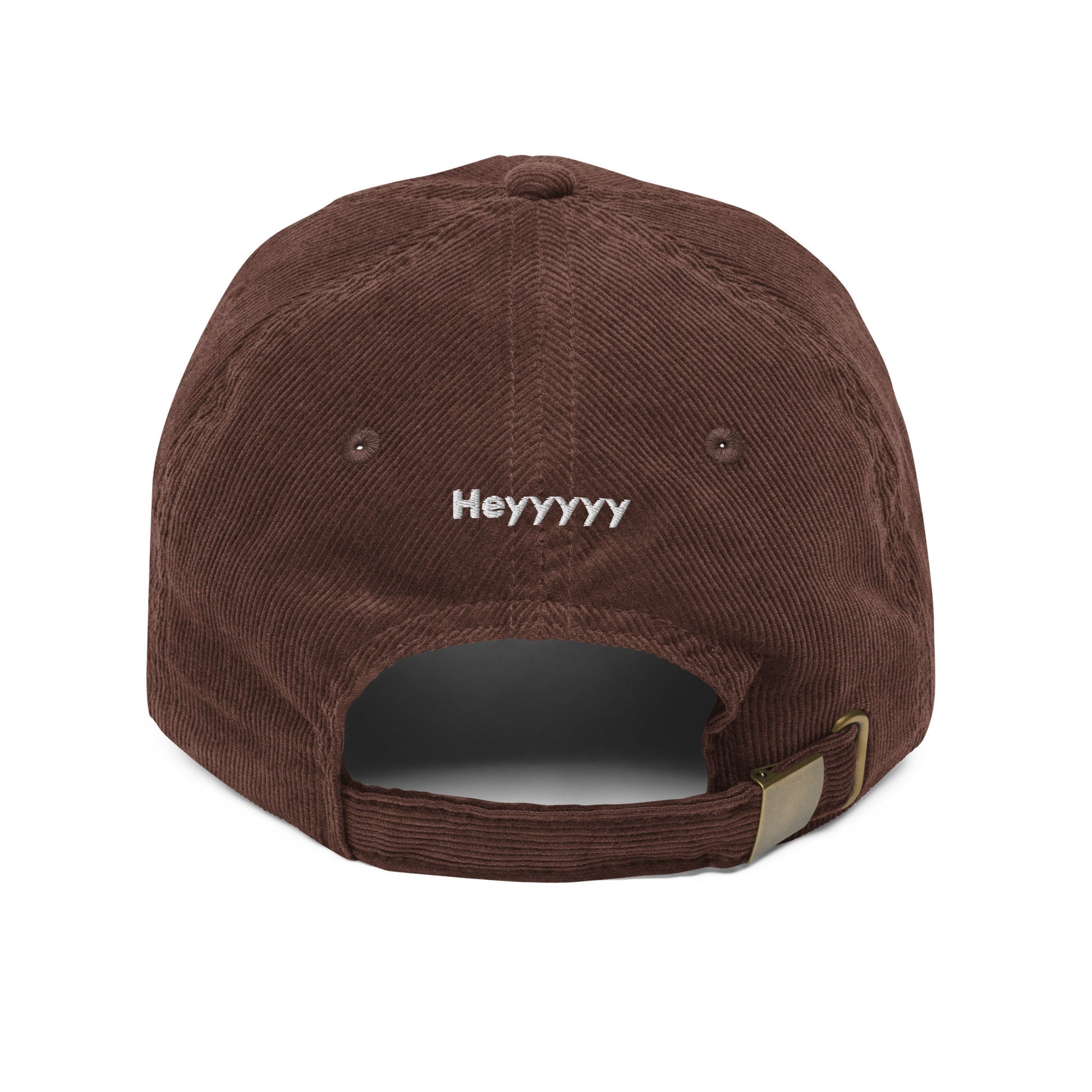 Hi Heyyyyy Vintage Corduroy Hat in brown back, Hi on front, Heyyyyy on back, Hi waving hand emoji on back