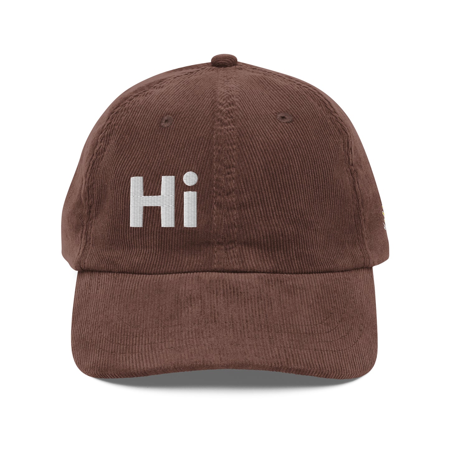 Hi Heyyyyy Vintage Corduroy Hat in brown front, Hi on front, Heyyyyy on back, Hi waving hand emoji on back