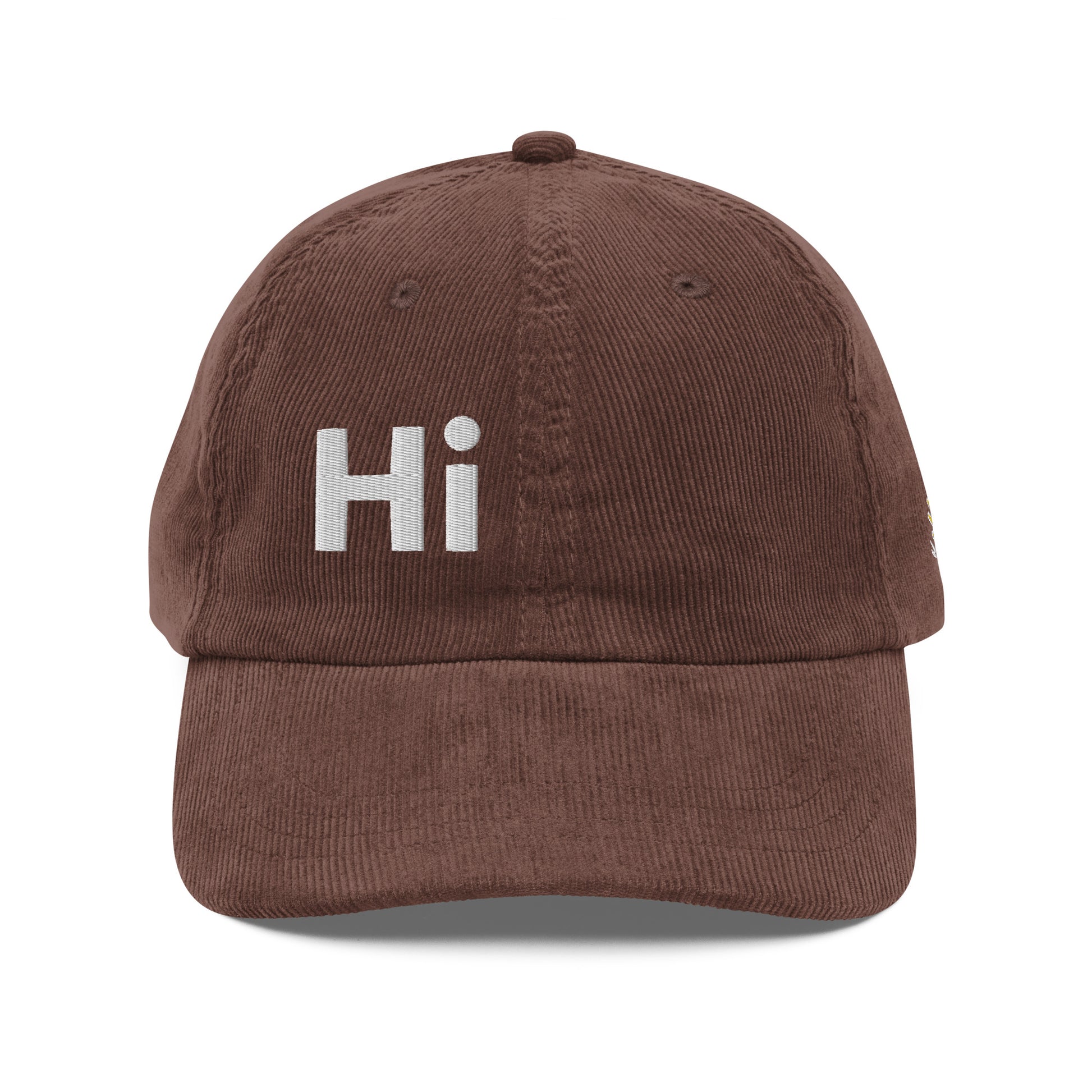 Hi Heyyyyy Vintage Corduroy Hat in brown front, Hi on front, Heyyyyy on back, Hi waving hand emoji on back
