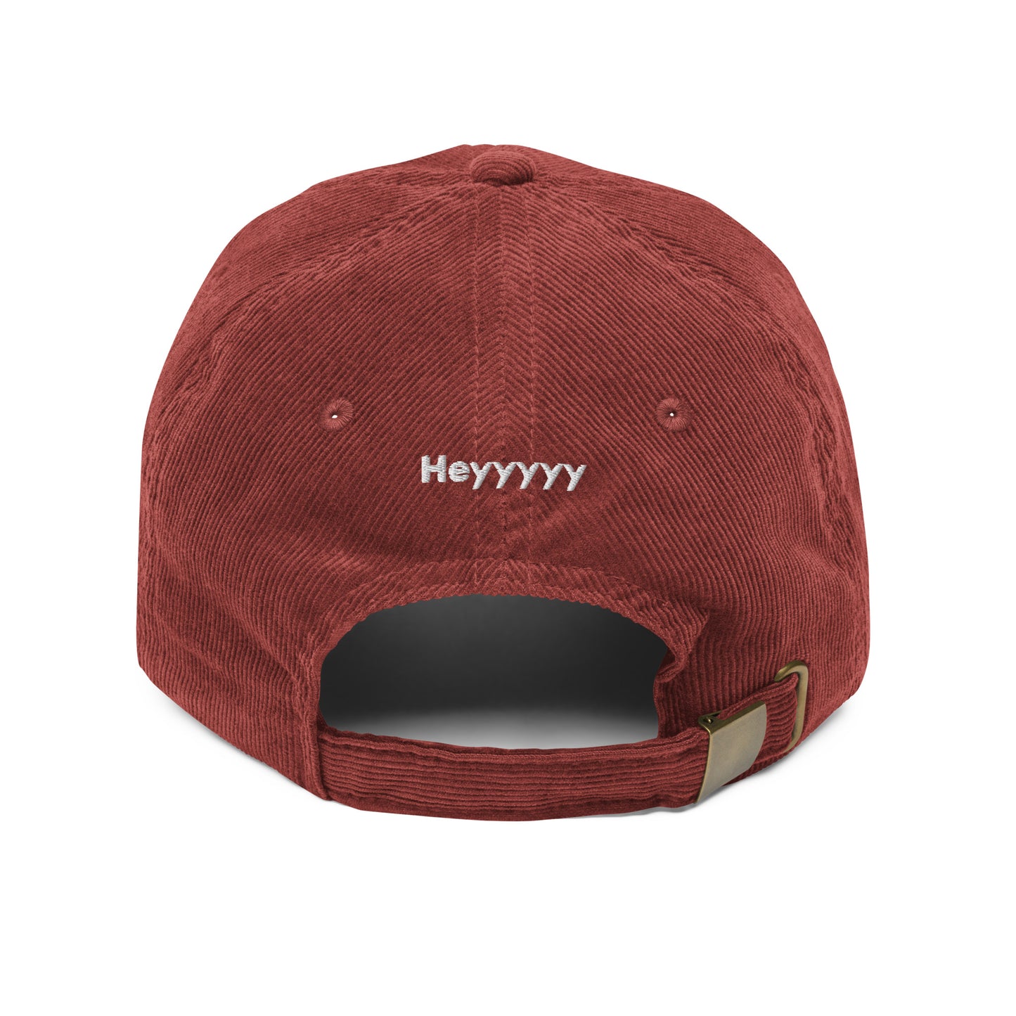 Hi Heyyyyy Vintage Corduroy Hat in maroon back, Hi on front, Heyyyyy on back, Hi waving hand emoji on back