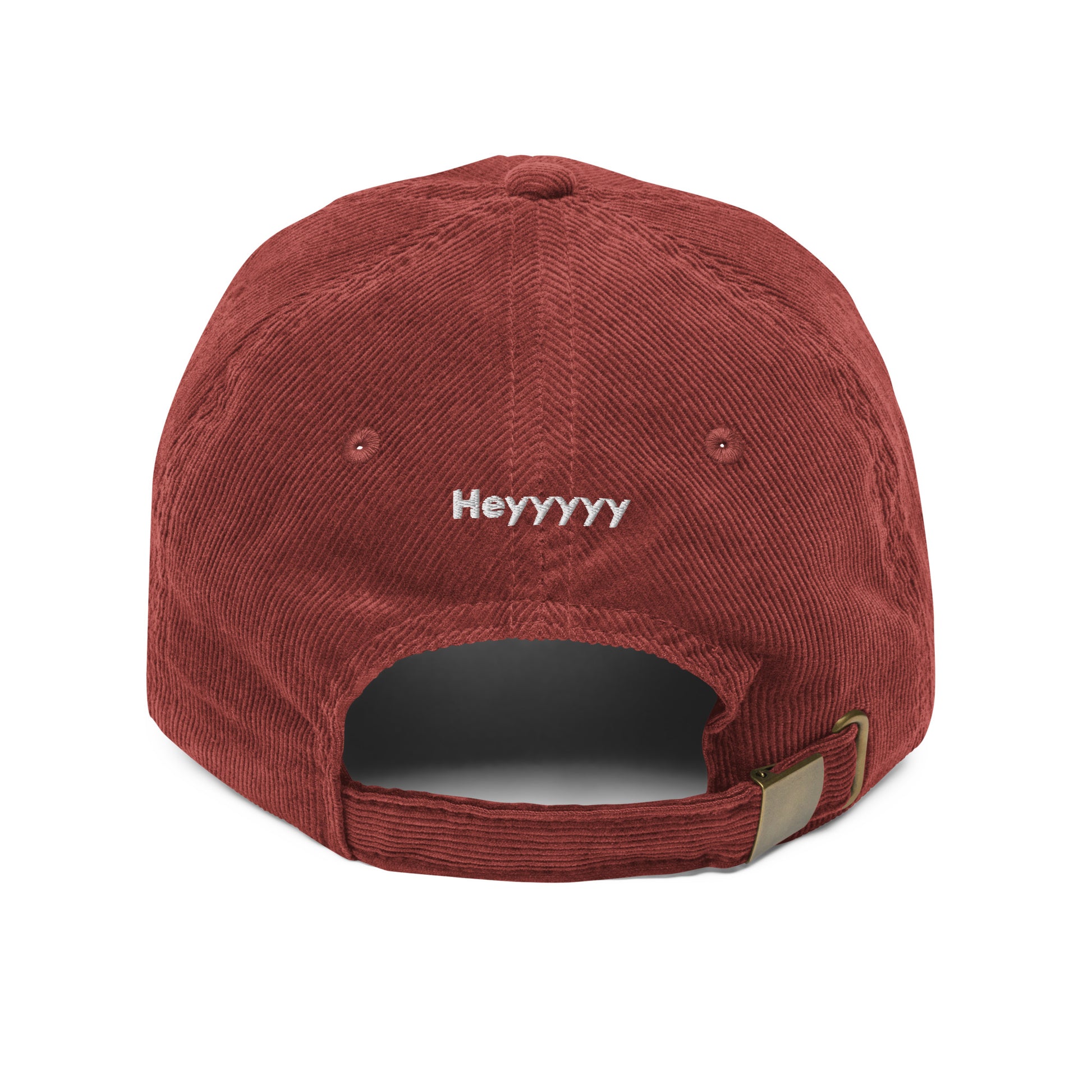 Hi Heyyyyy Vintage Corduroy Hat in maroon back, Hi on front, Heyyyyy on back, Hi waving hand emoji on back