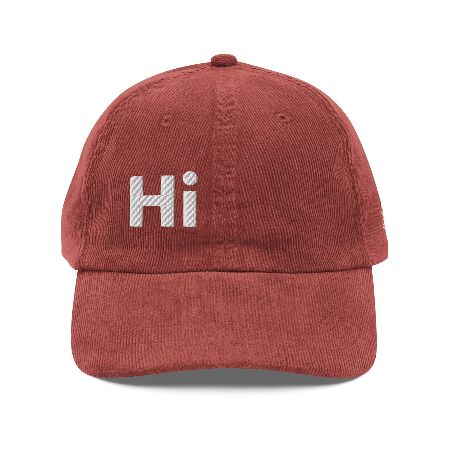 Hi Heyyyyy Vintage Corduroy Hat in maroon front, Hi on front, Heyyyyy on back, Hi waving hand emoji on back