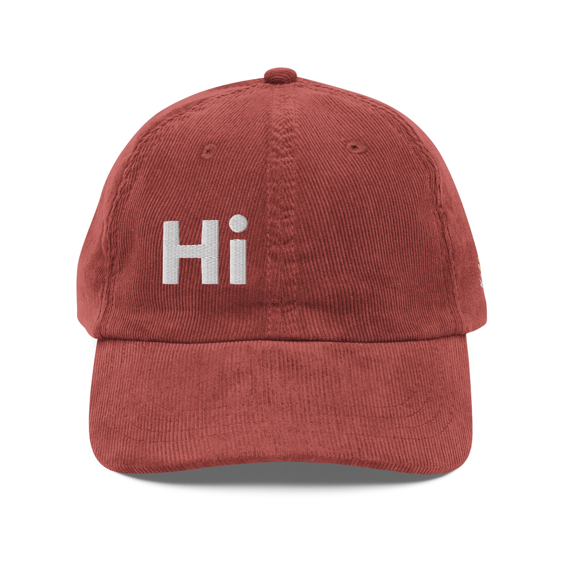 Hi Heyyyyy Vintage Corduroy Hat in maroon front, Hi on front, Heyyyyy on back, Hi waving hand emoji on back