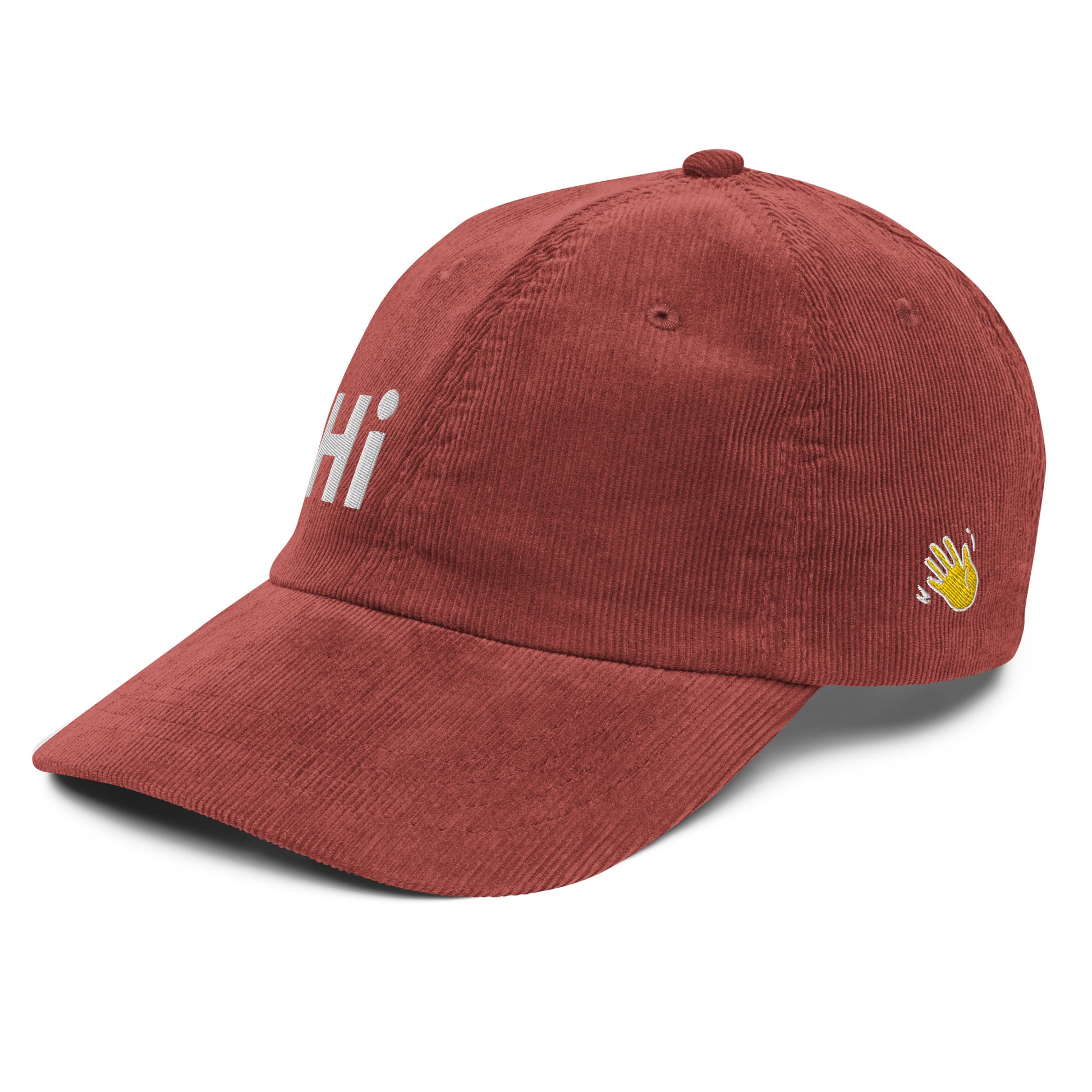 Hi Heyyyyy Vintage Corduroy Hat in maroon left front, Hi on front, Heyyyyy on back, Hi waving hand emoji on back