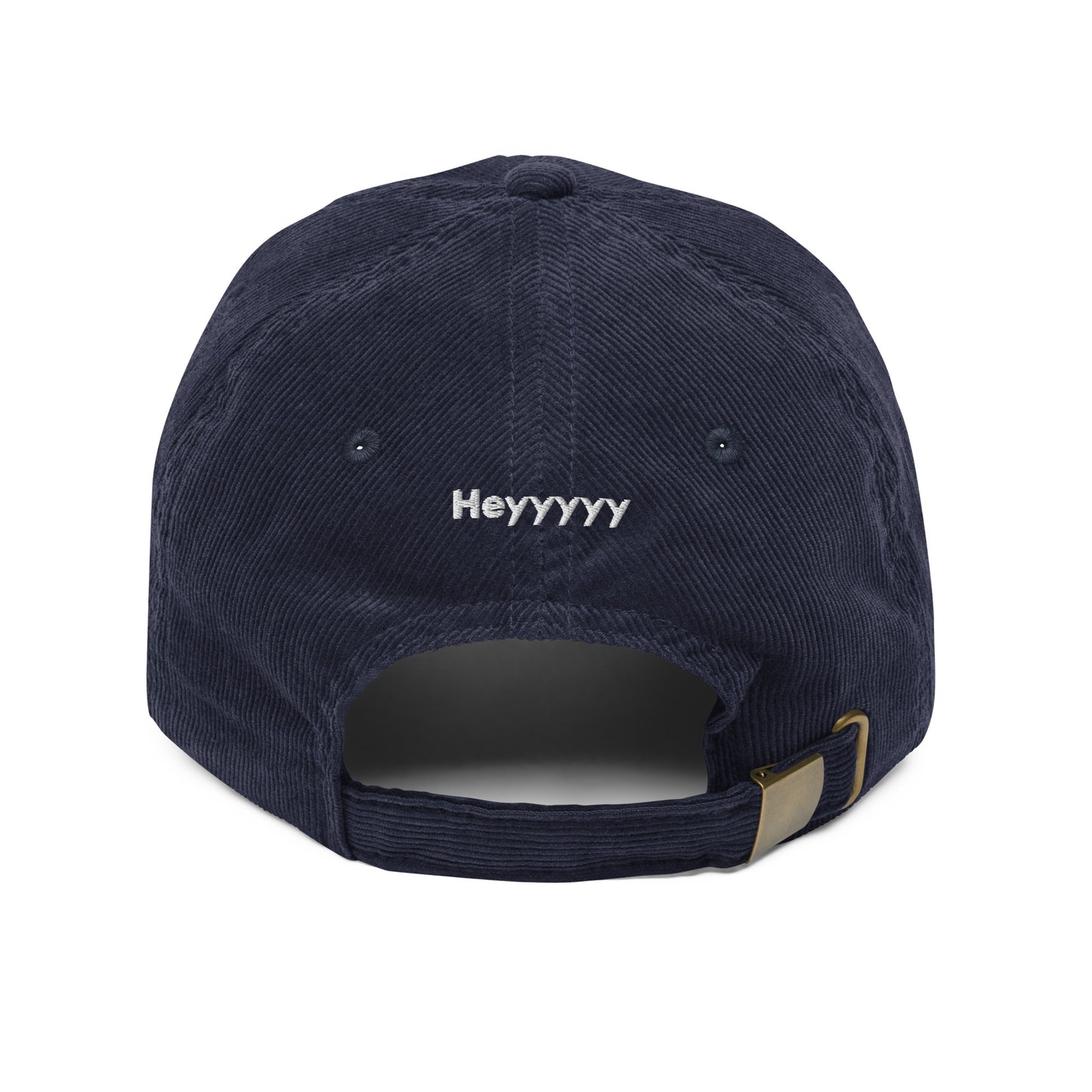 Hi Heyyyyy Vintage Corduroy Hat in navy back, Hi on front, Heyyyyy on back, Hi waving hand emoji on back