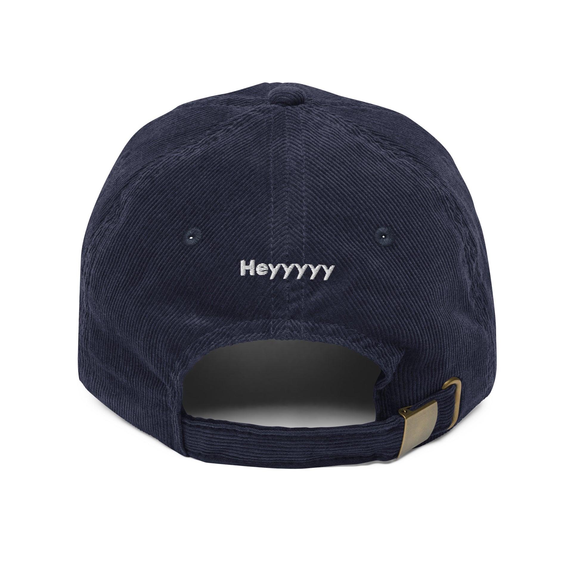 Hi Heyyyyy Vintage Corduroy Hat in navy back, Hi on front, Heyyyyy on back, Hi waving hand emoji on back