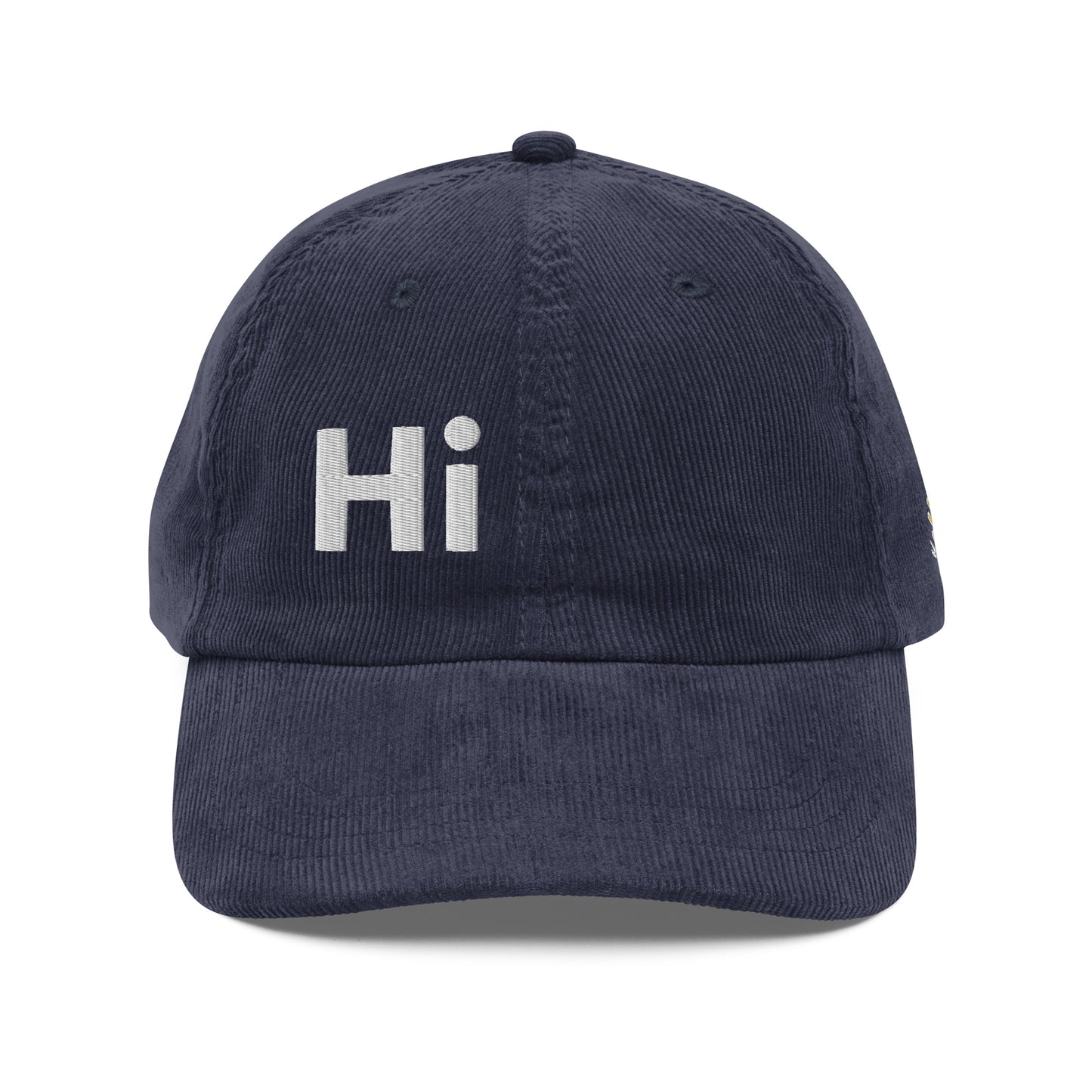 Hi Heyyyyy Vintage Corduroy Hat in navy front, Hi on front, Heyyyyy on back, Hi waving hand emoji on back