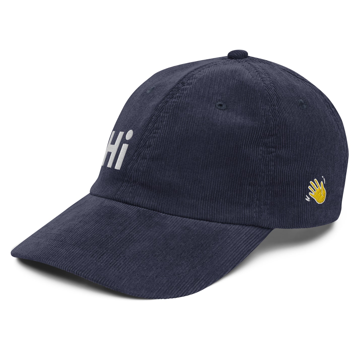 Hi Heyyyyy Vintage Corduroy Hat in navy left front, Hi on front, Heyyyyy on back, Hi waving hand emoji on back