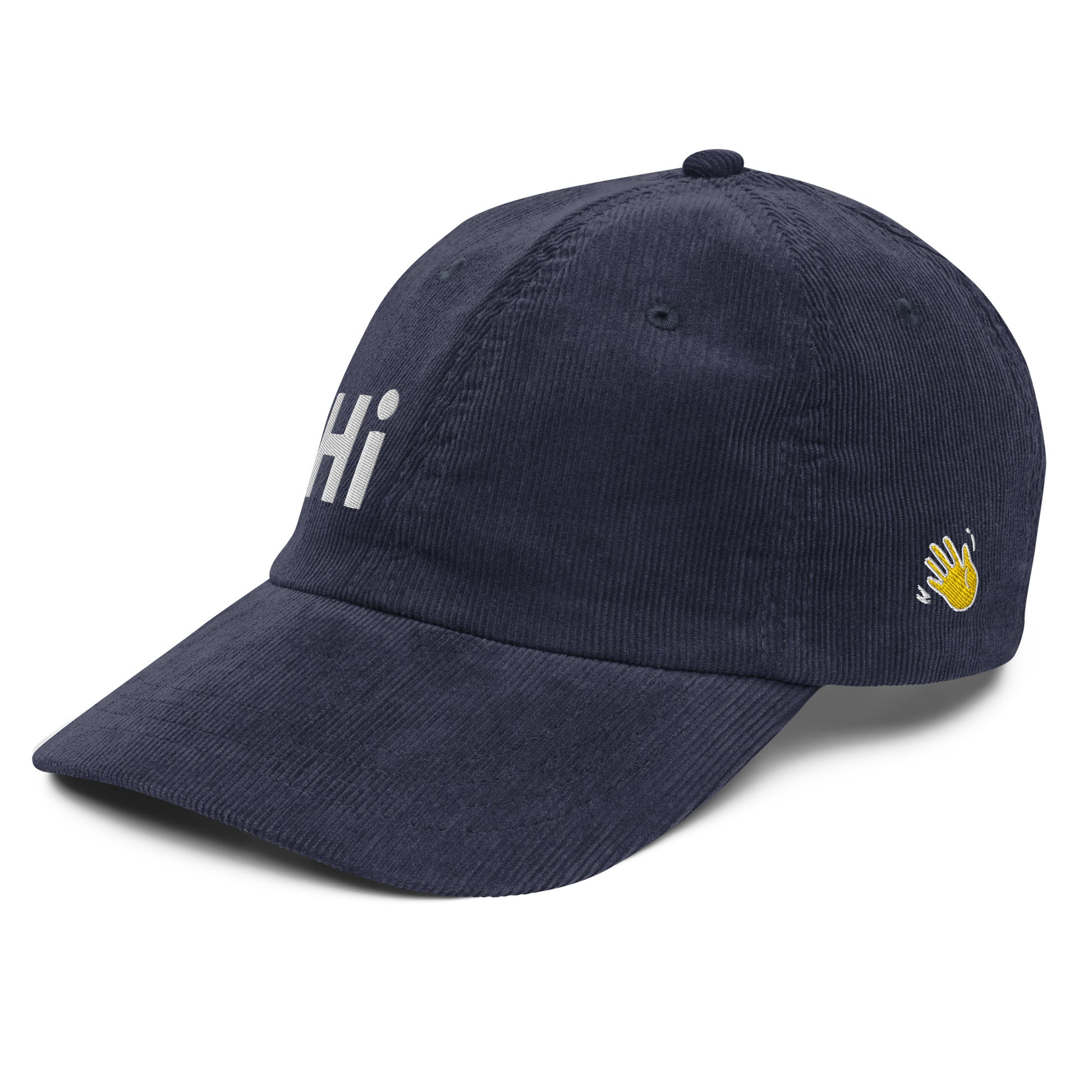 Hi Heyyyyy Vintage Corduroy Hat in navy left front, Hi on front, Heyyyyy on back, Hi waving hand emoji on back