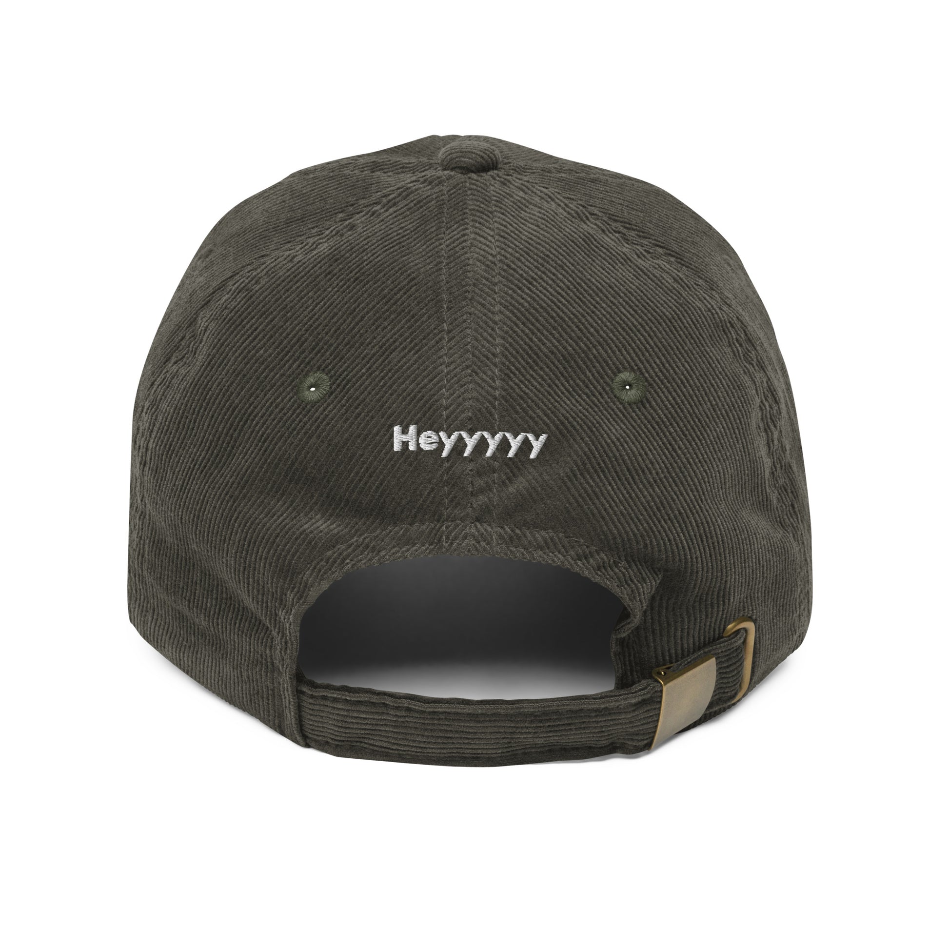 Hi Heyyyyy Vintage Corduroy Hat in olive green back, Hi on front, Heyyyyy on back, Hi waving hand emoji on back