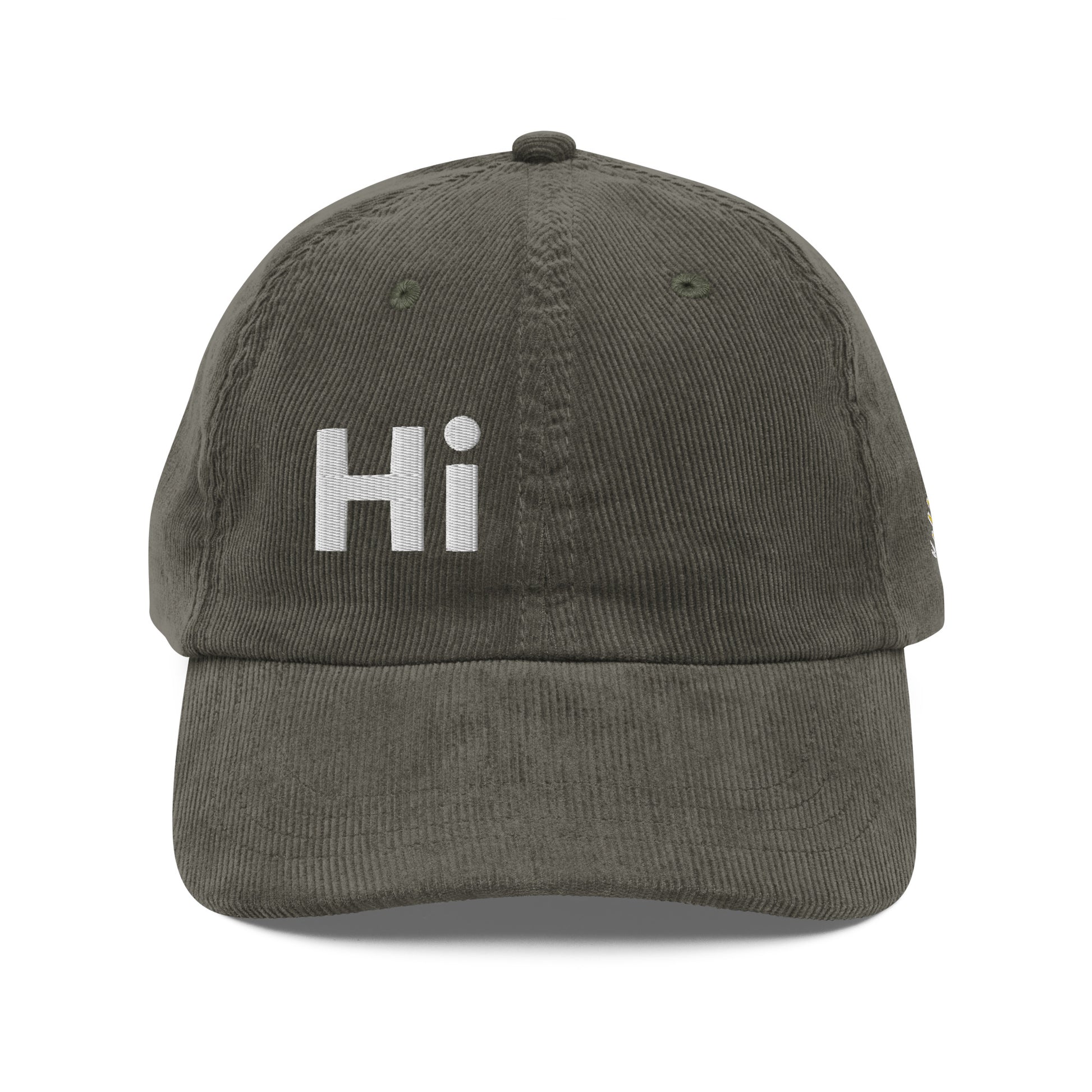 Hi Heyyyyy Vintage Corduroy Hat in olive green front, Hi on front, Heyyyyy on back, Hi waving hand emoji on back