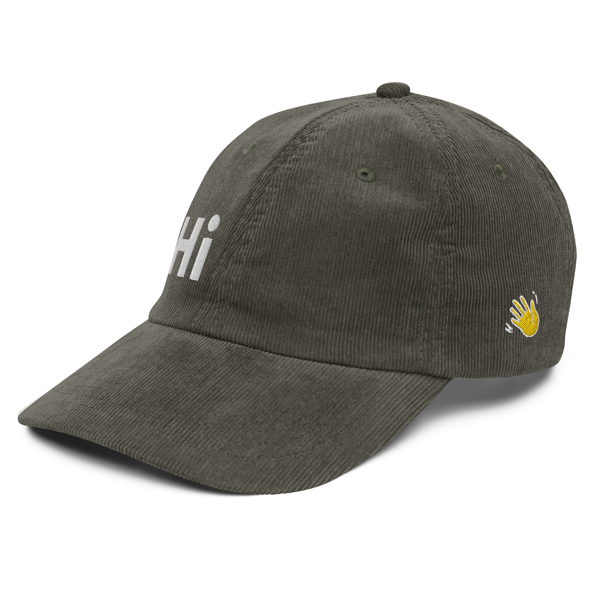 Hi Heyyyyy Vintage Corduroy Hat in olive green front left, Hi on front, Heyyyyy on back, Hi waving hand emoji on back