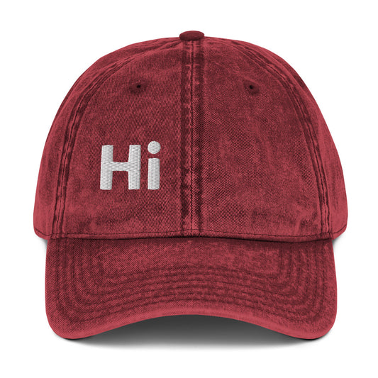 Hi Heyyyyy Vintage Hat in maroon, front, Hi on front, Heyyyyy on back, Hi waving hand emoji on back