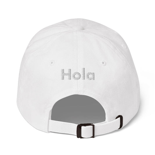 Hi Hola Hat in white back view, Hi on the front Hola on the back, Hi waving hand emoji on left side