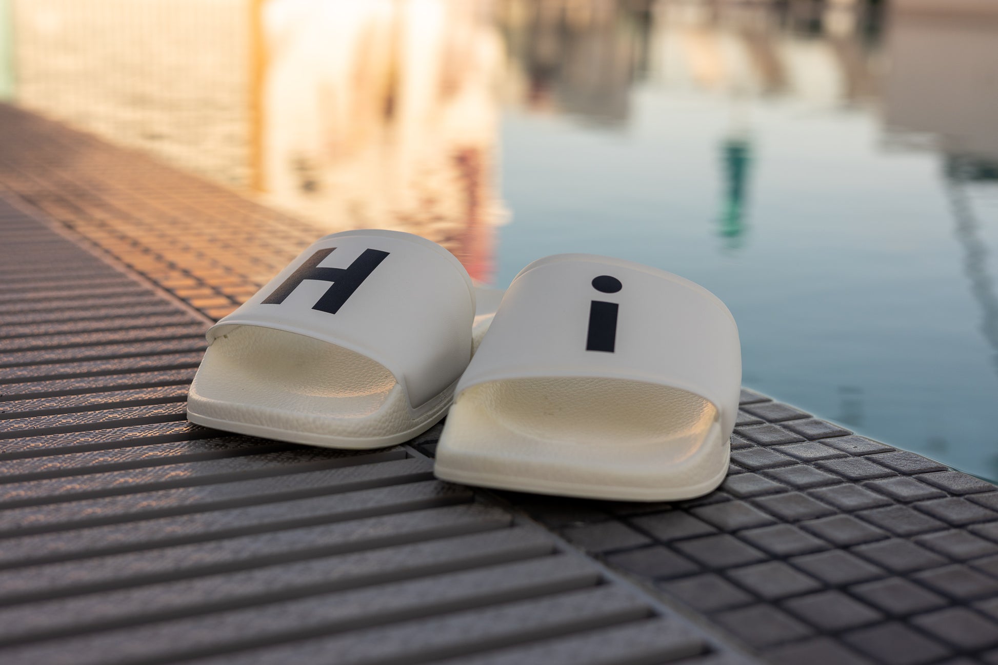 Hi H and i Flip Flop Slide Womens Sandals for Happy interactions, Hi on right flop, i on the left flop, slides that say Hi